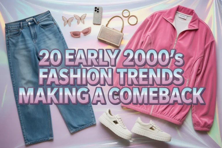 20 early 2000s fashion trends making a comeback — featured image showing iconic Y2K items like low-rise jeans, velour tracksuit, butterfly clips, and platform sneakers