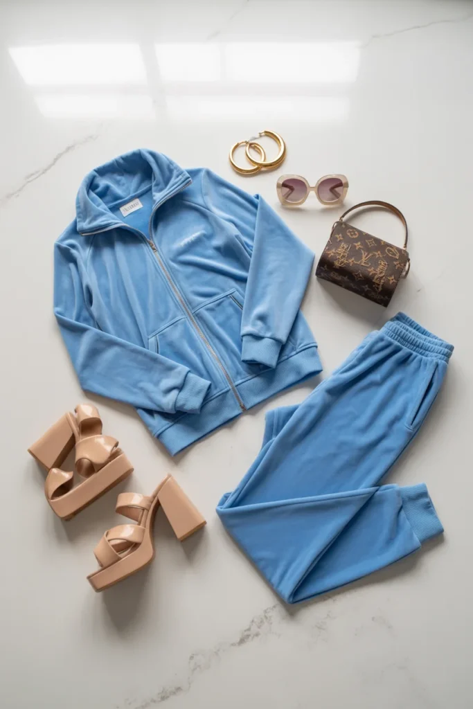 2000s Paris Hilton style essential wardrobe flat lay with velour tracksuit and Y2K accessories