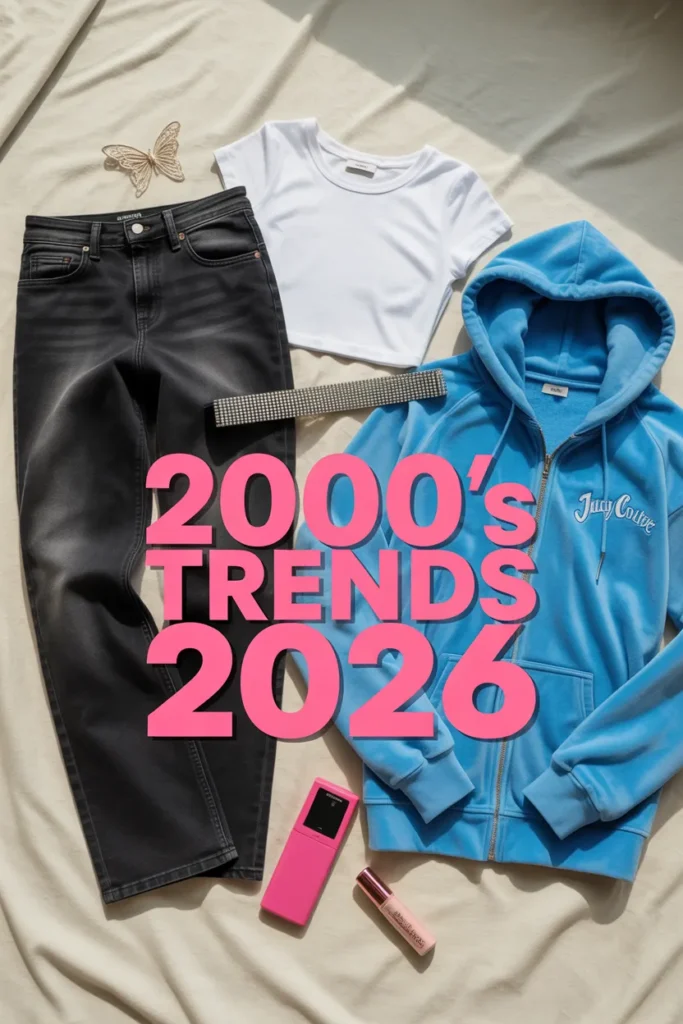 2000s fashion trends 2026 flat lay with low-rise jeans baby tee and butterfly clip