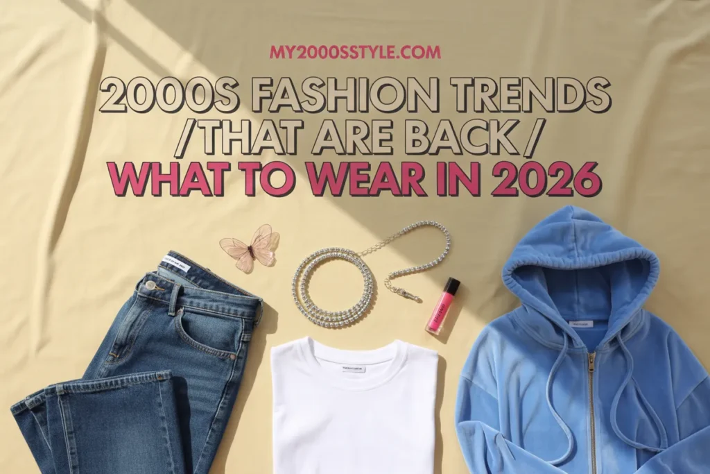 2000s fashion trends comeback flat lay with low-rise jeans baby tee and butterfly clip for 2026