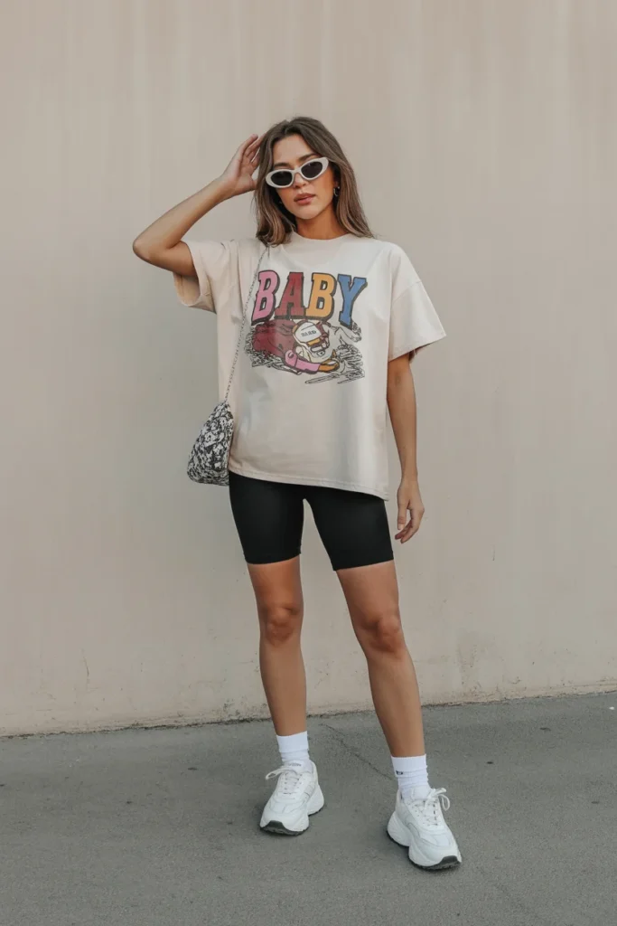 Sporty baby tee outfit with biker shorts and chunky sneakers for a casual Y2K streetwear look
