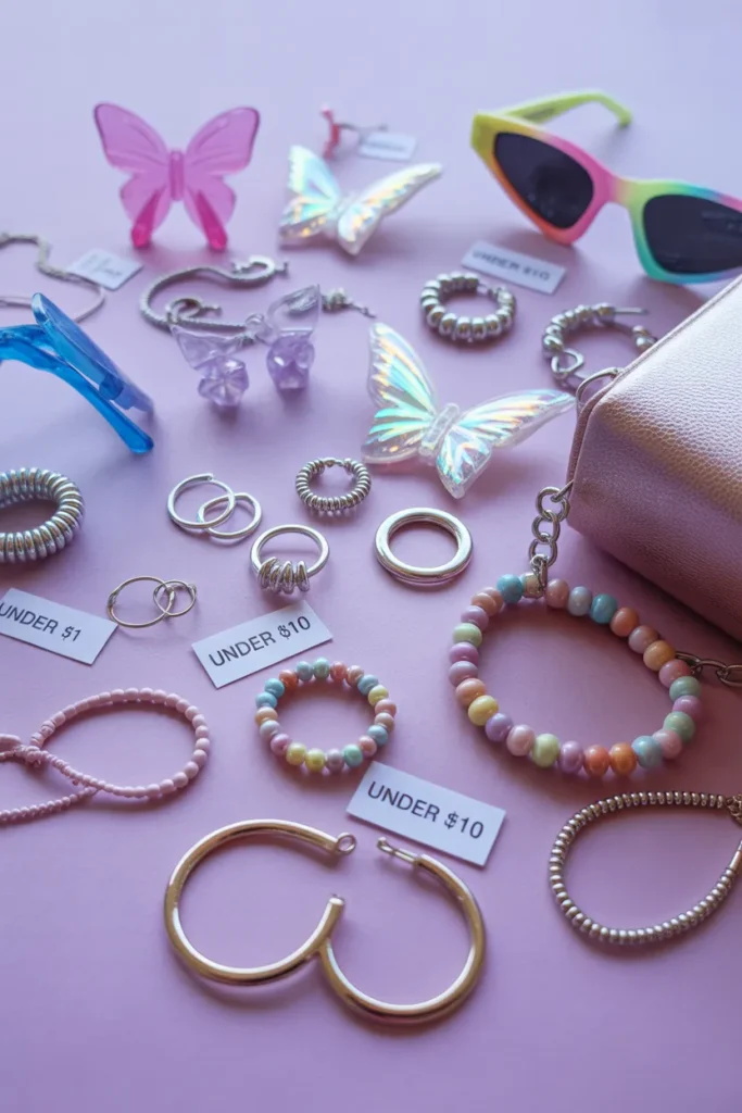 Affordable Y2K accessories under $10 including butterfly clips chunky rings tinted sunglasses and mini bag