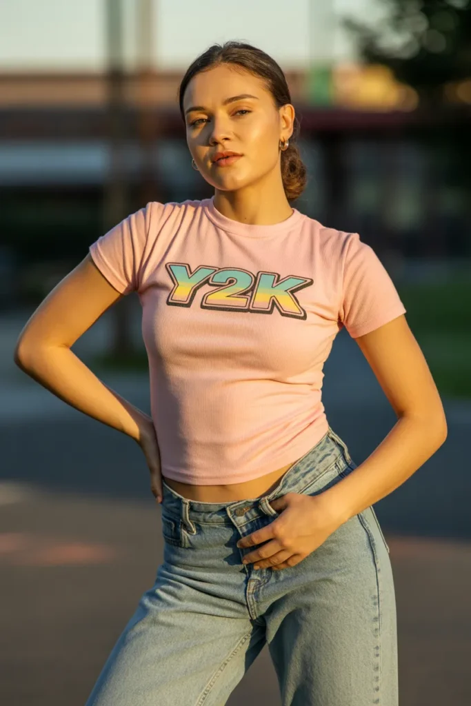 Affordable Y2K baby tee outfit styled with low-rise jeans for a budget-friendly early 2000s look