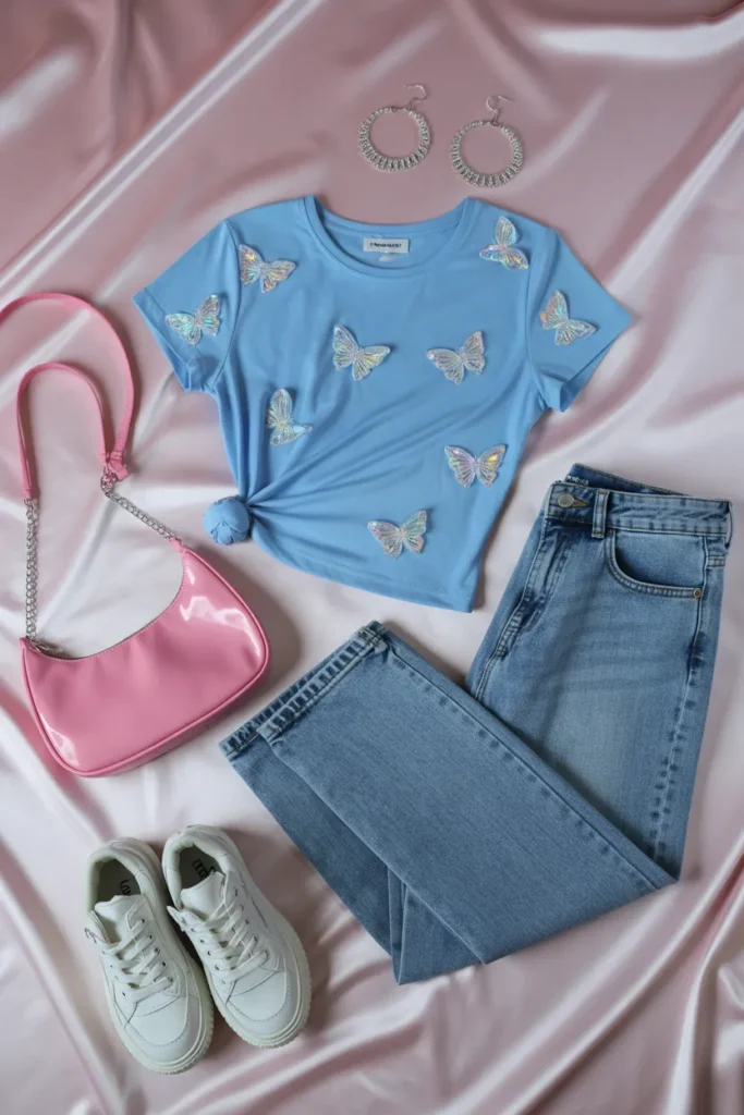 Amazon Y2K fashion finds under $25 flat lay with butterfly baby tee, low rise jeans and rhinestone 