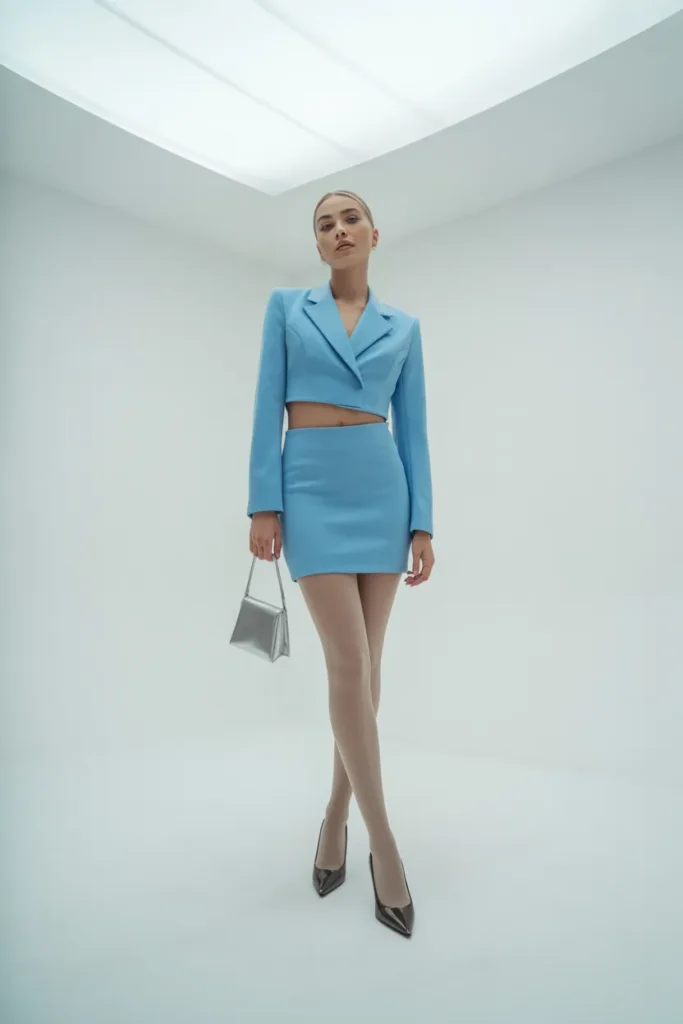 Baby blue blazer and mini skirt outfit inspired by Britney Spears Toxic flight attendant look