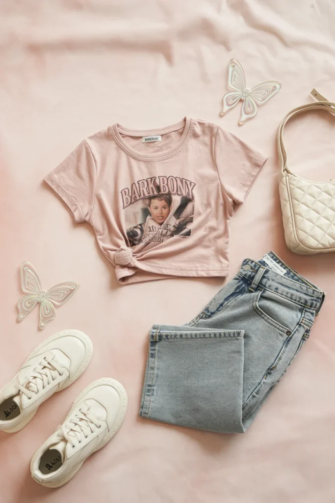  Baby tee outfit flat lay featuring a pink Y2K graphic baby tee styled with low-rise jeans and chunky sneakers