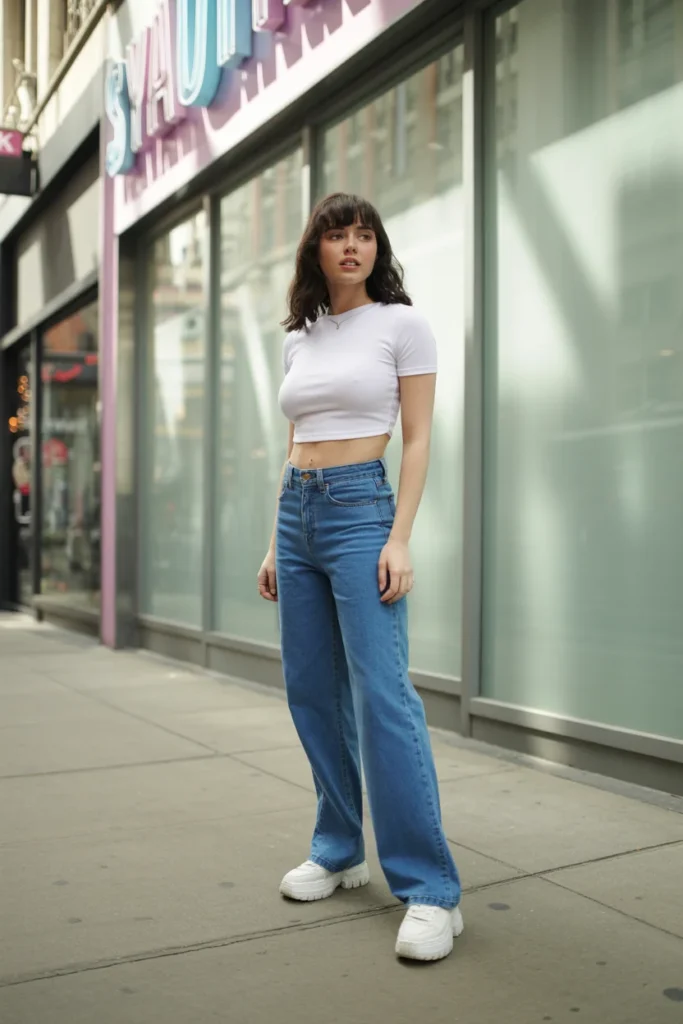  Baby tee outfit with high-waisted wide-leg jeans and platform sneakers for a casual Y2K look
