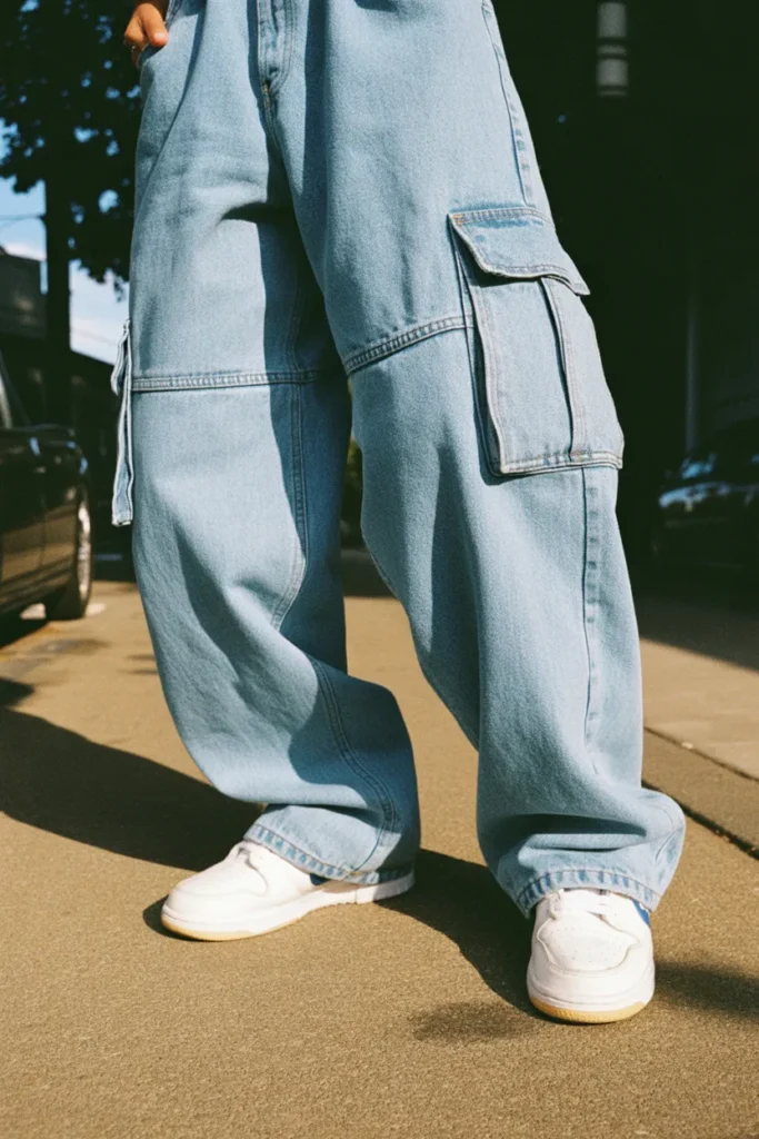 Baggy Y2K jeans styled with chunky white sneakers for 2000s urban streetwear look
