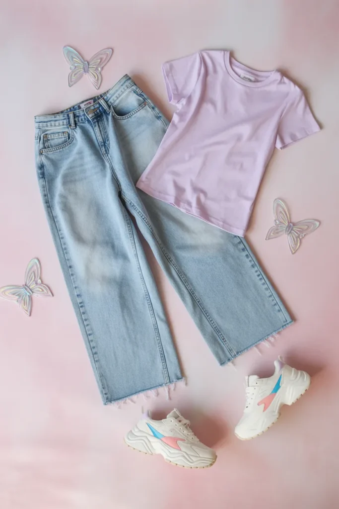 Baggy jeans outfit ideas flat lay with Y2K baby tee chunky sneakers and butterfly clips on pink background
