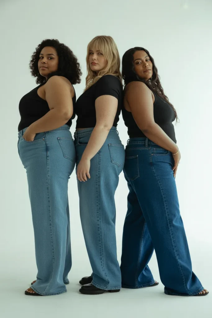 Baggy jeans outfit ideas for different body types showing high waisted mid rise and wide leg denim styles