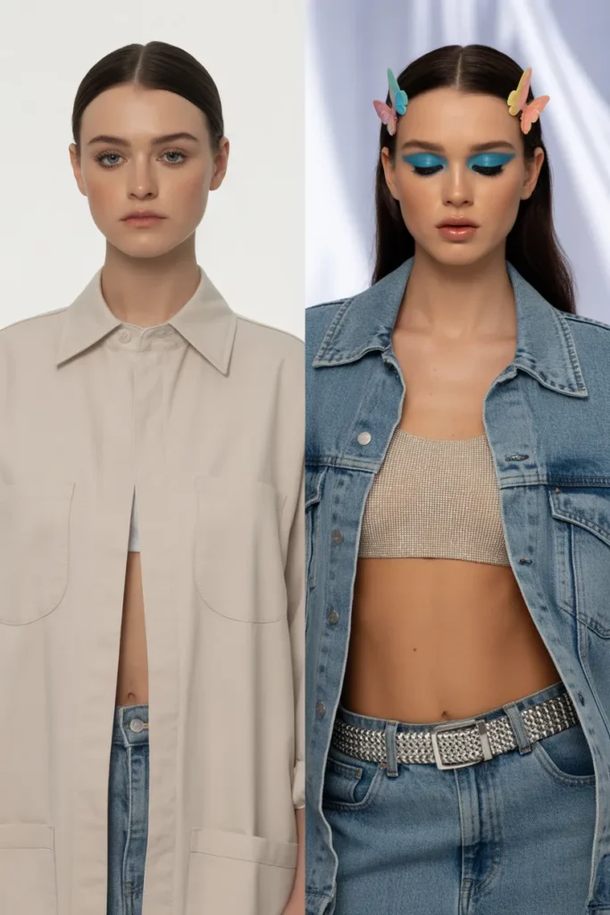 Before and after transformation into an authentic 2000s celebrity outfit with full Y2K styling