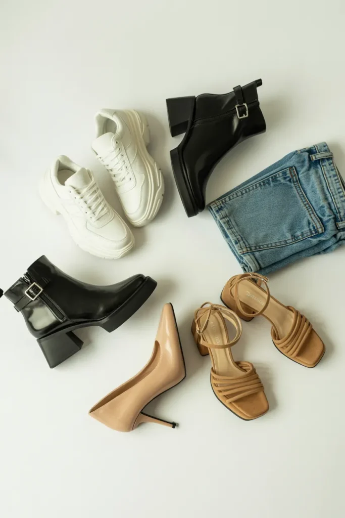 Best shoes to wear with baggy jeans outfit including chunky sneakers ankle boots pointed toe heels and platform sandals