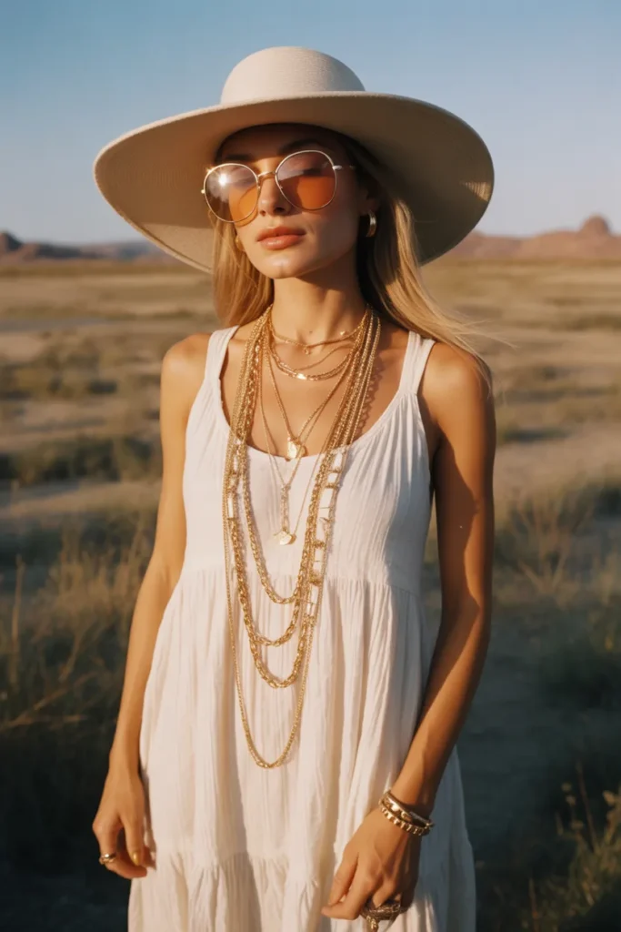 Bohemian 2000s celebrity outfit inspired by Nicole Richie with floppy hat and maxi dress