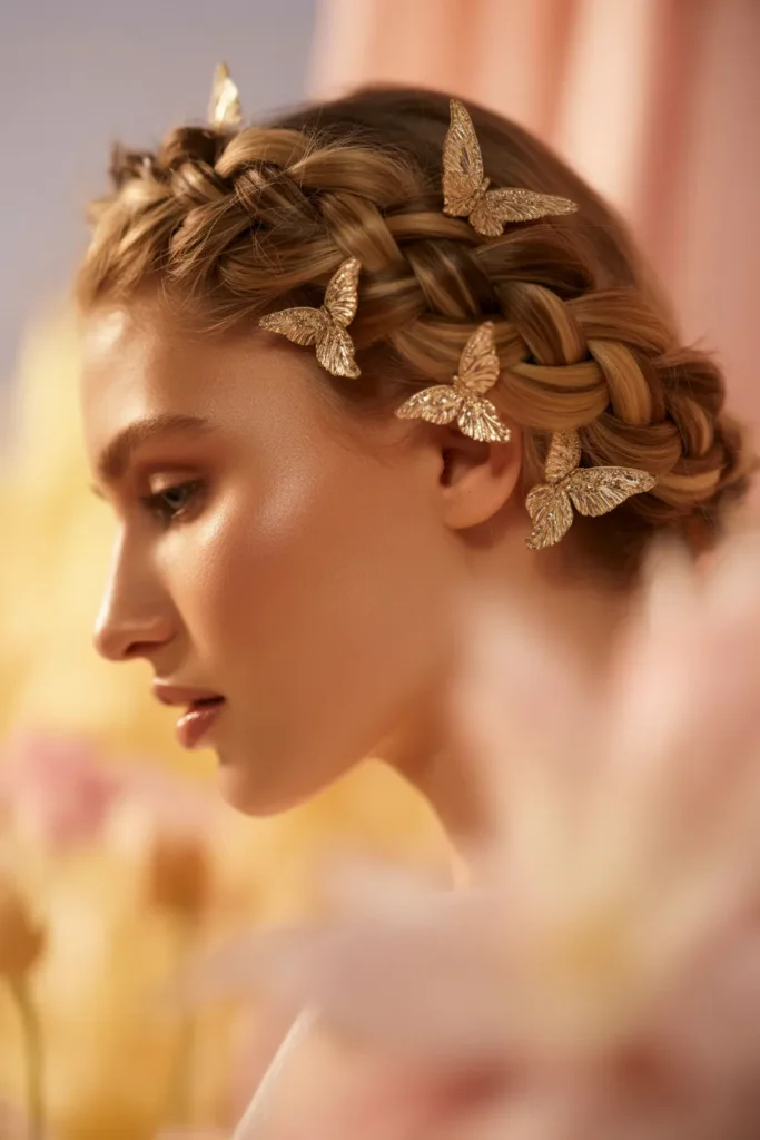 Braided crown butterfly clips hairstyle with gold metallic clips for Y2K special occasions