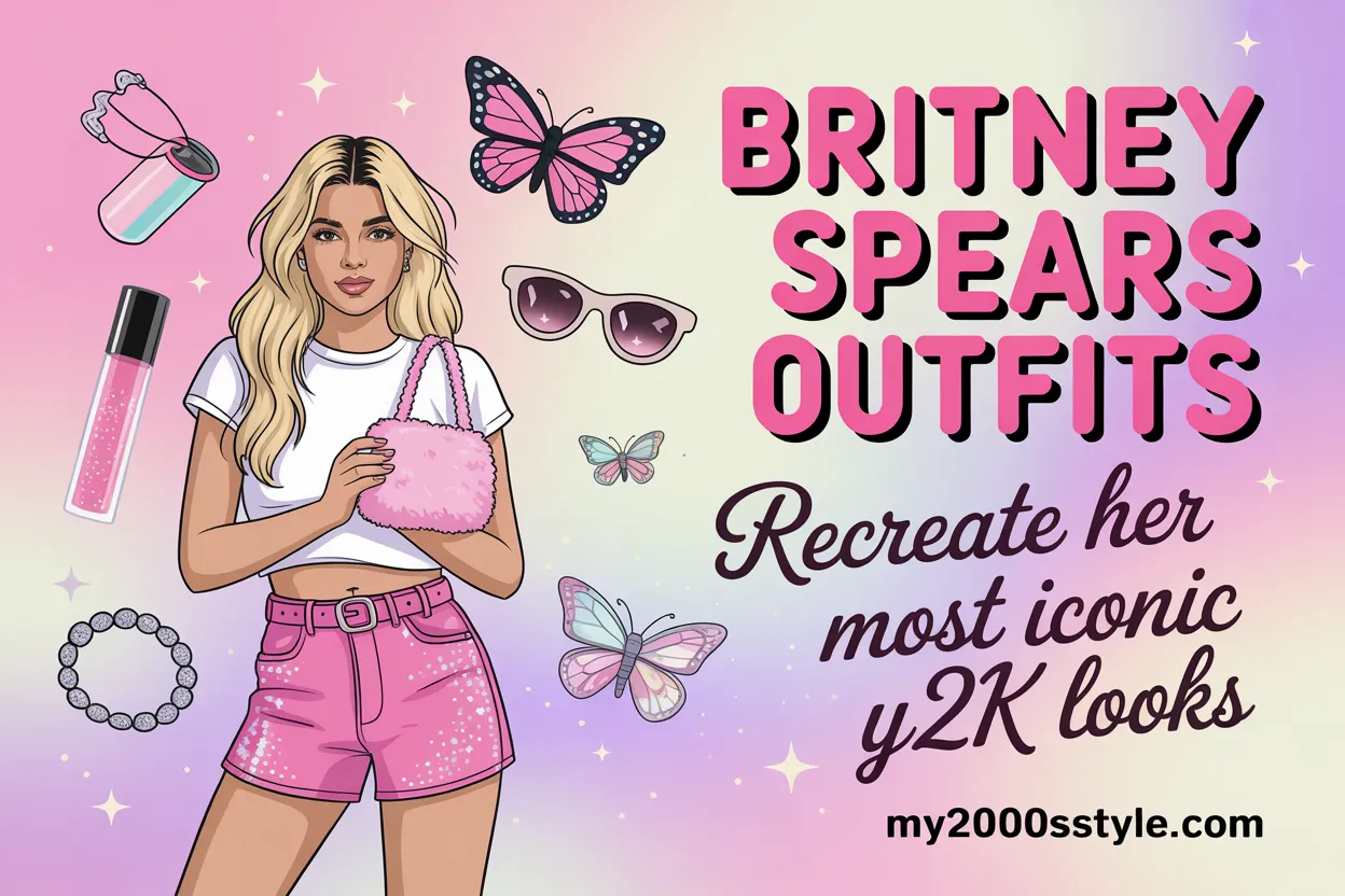 Britney Spears outfits featured image showcasing Y2K fashion recreation guide with iconic 2000s style elements