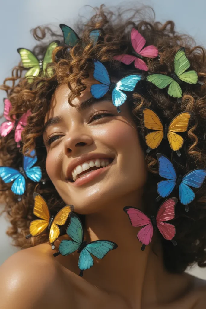 Butterfly clips hairstyles on natural afro hair with colorful Y2K clip accessories