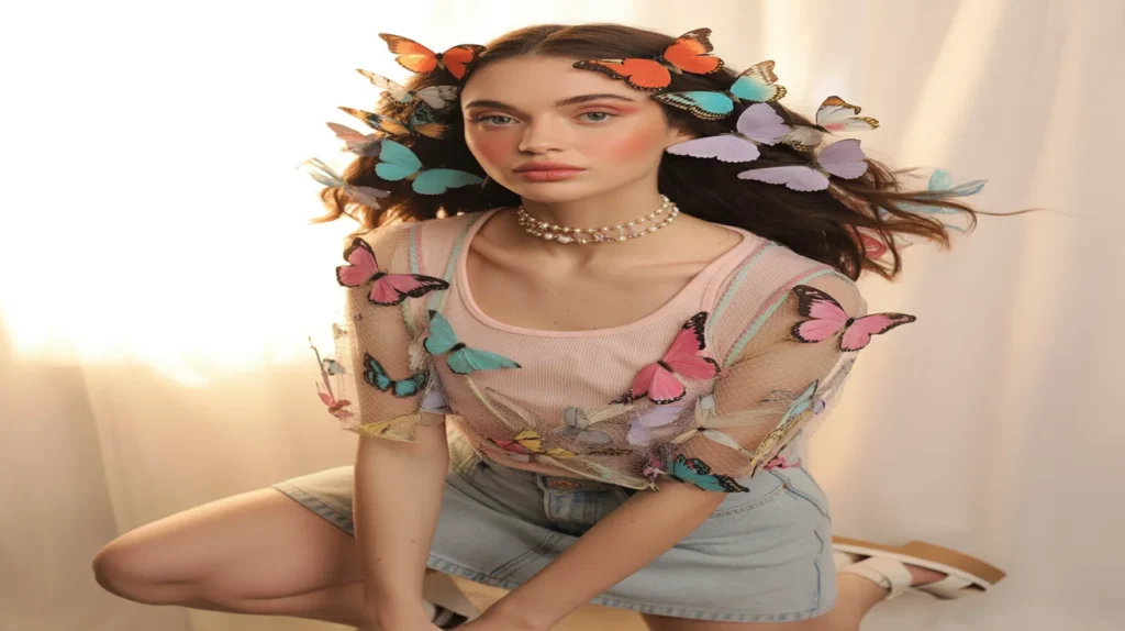 Butterfly top Y2K outfit with mesh overlay, denim mini skirt, butterfly hair clips, and beaded choker