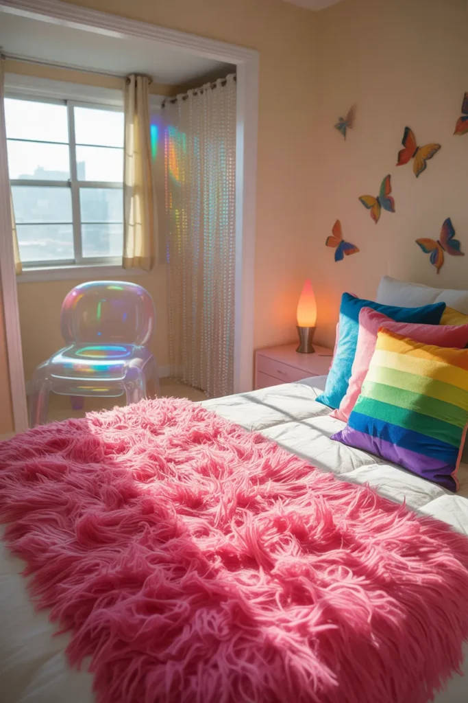 Candy Y2K bedroom with hot pink shag rug, inflatable chair, beaded curtain, and butterfly wall decals.