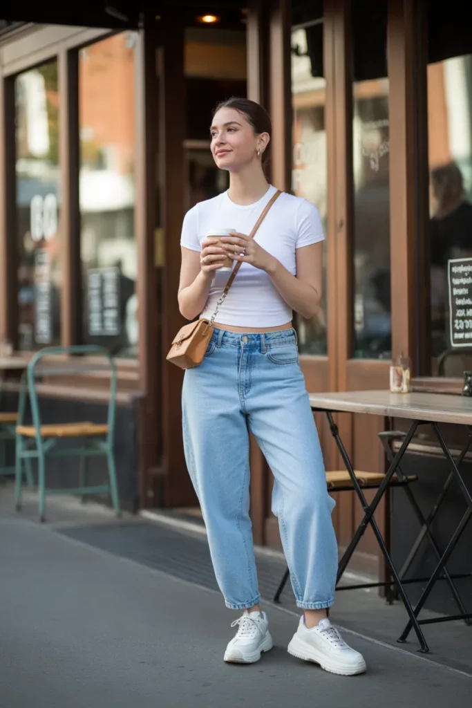  Casual baggy jeans outfit idea with white baby tee platform sneakers and crossbody bag for weekend style