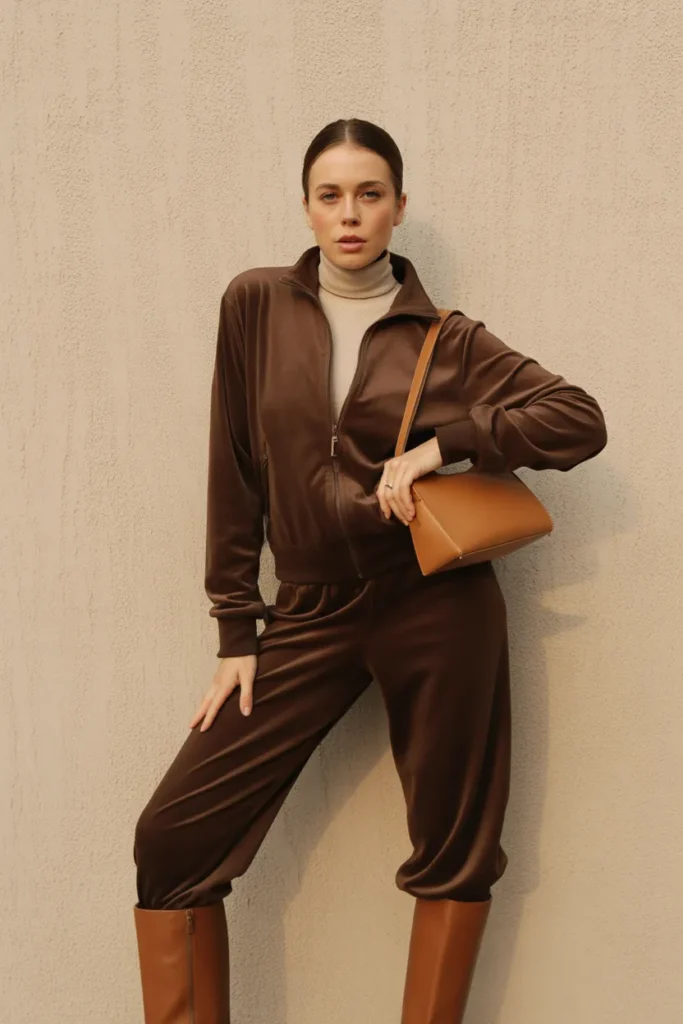 Chocolate brown velour tracksuit outfit styled with knee-high boots and cream turtleneck