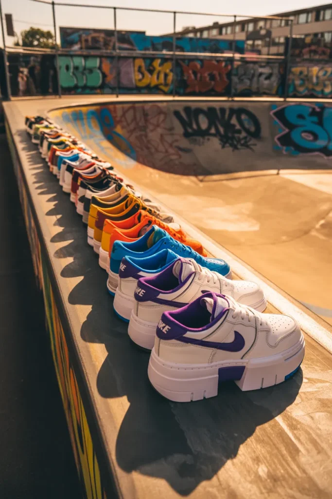 Chunky Y2K streetwear sneakers including Nike Dunks and platform shoes in urban skate setting