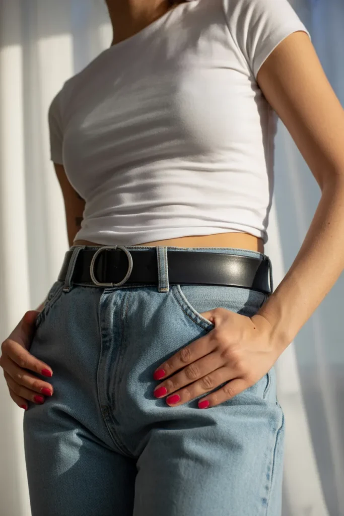 Chunky plastic O-ring belt styling idea for Y2K outfits on a budget
