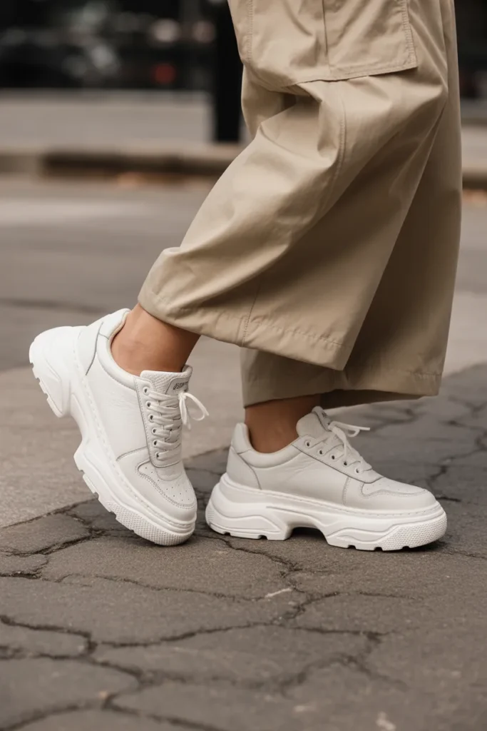 Chunky white platform sneakers styled with khaki Y2K cargo pants hem