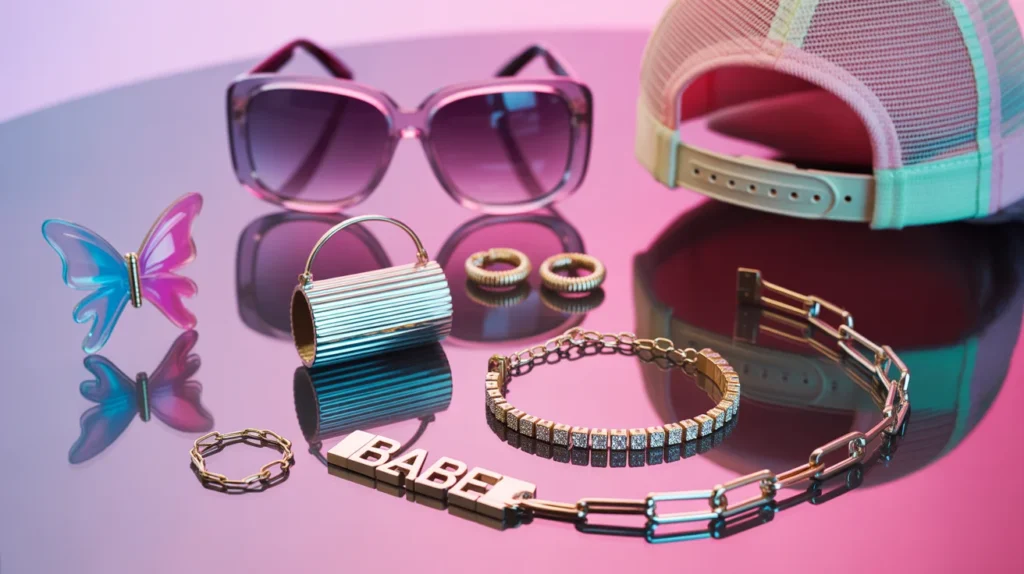 Close-up arrangement of Y2K fashion accessories including butterfly clips, tinted sunglasses, baguette bag, rhinestone choker, nameplate necklace, hoop earrings, and trucker hat — essential 2000s style accessories guide