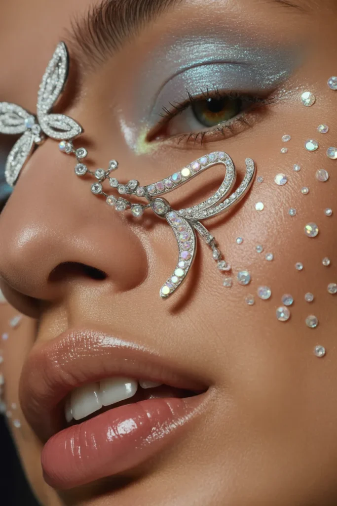 Close up of sparkly Y2K celebrity outfit details including rhinestones and butterfly jewelry