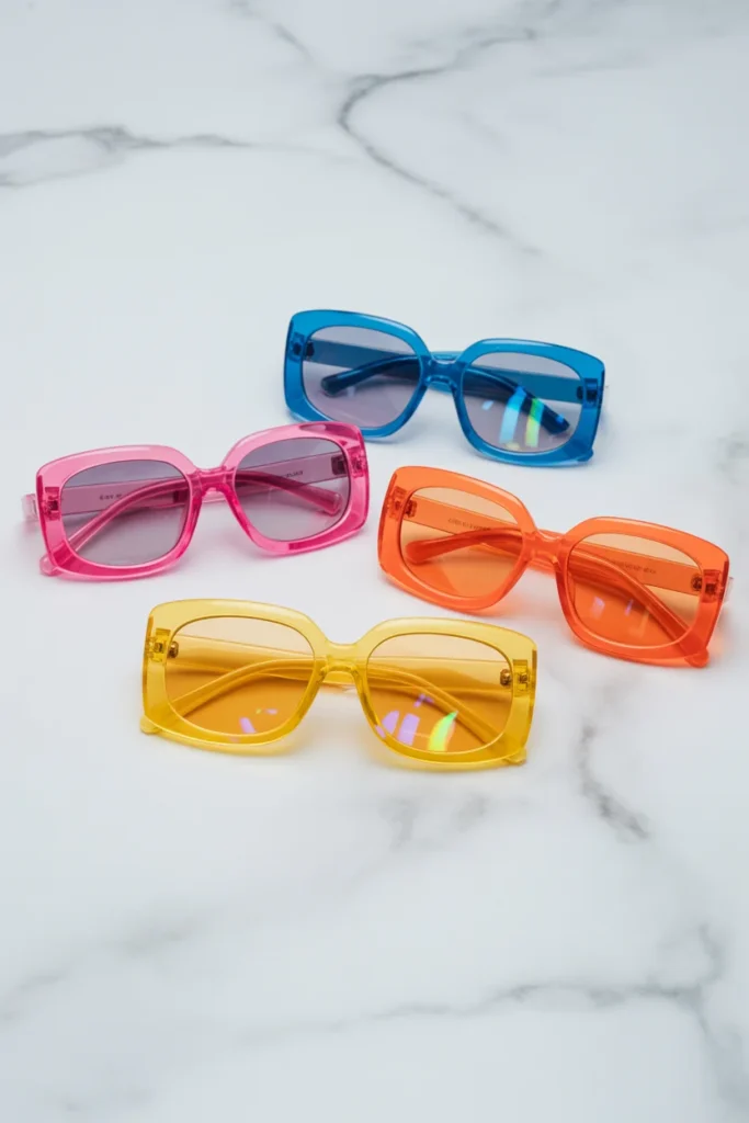 Collection of trending Y2K tinted sunglasses in various colors on a marble display surface