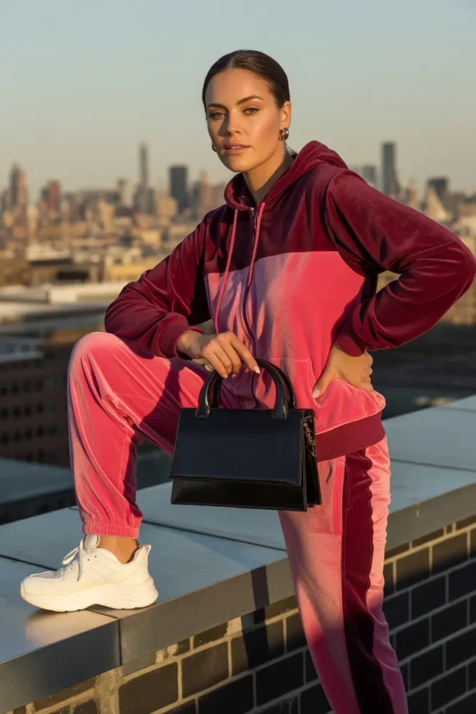 Color-blocked burgundy and pink velour tracksuit outfit with chunky sneakers