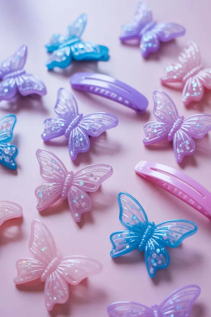 Colorful Y2K butterfly clips hairstyles accessories arranged on a pastel pink background