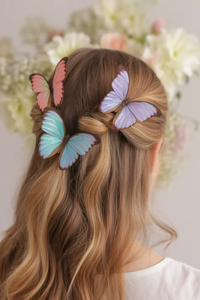 Colorful Y2K butterfly clips styled in a half-up hairstyle for a nostalgic early 2000s look