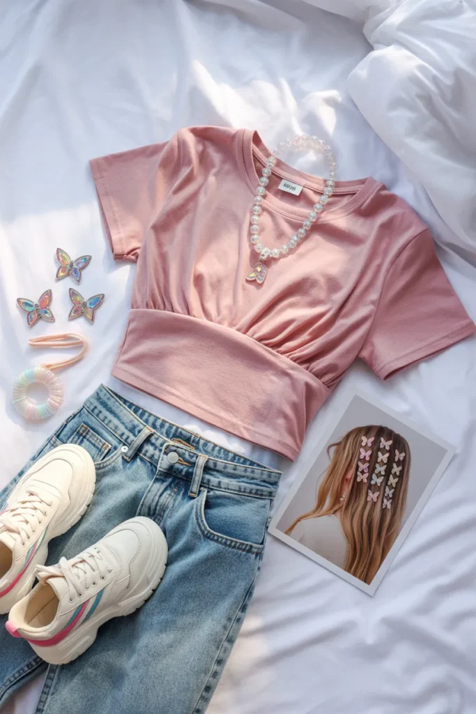 Complete Y2K aesthetic outfit with butterfly clip hairstyle baby tee and low rise jeans