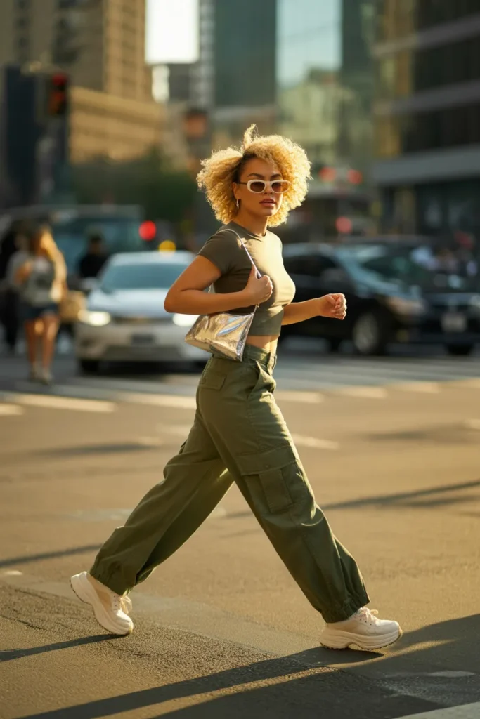  Confident woman rocking complete Y2K streetwear outfit in urban city setting