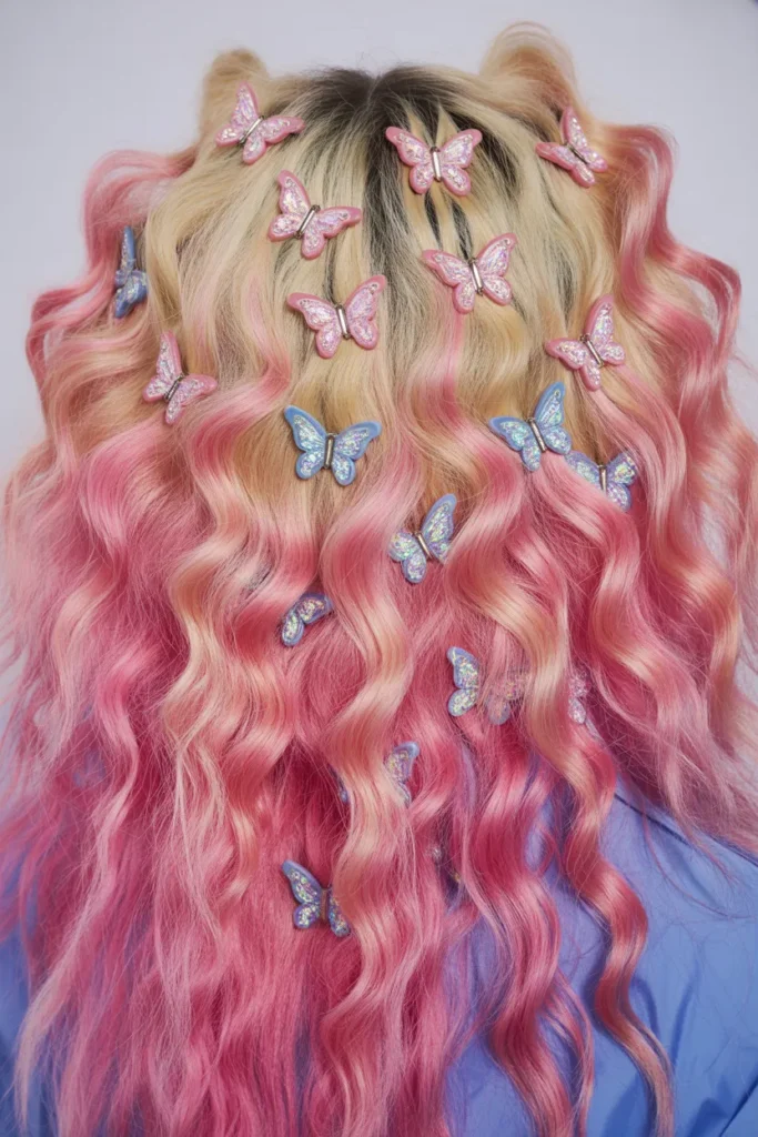 Crimped hair with scattered butterfly clips in a bold retro Y2K hairstyles aesthetic