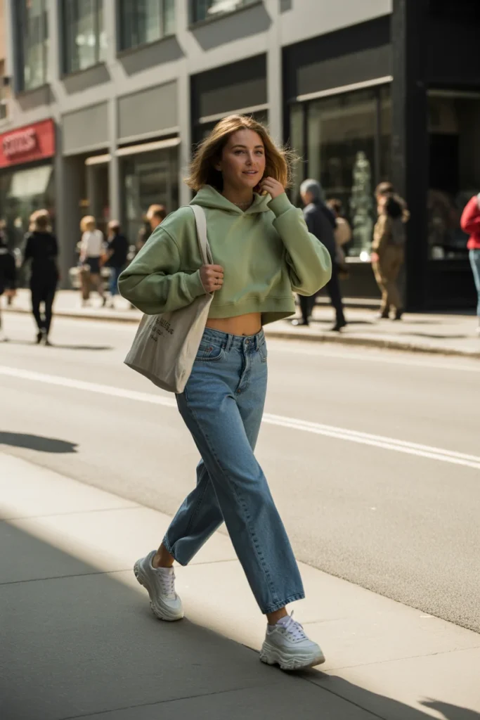 Cropped hoodie with low-rise jeans athleisure outfit — comfortable Y2K casual look