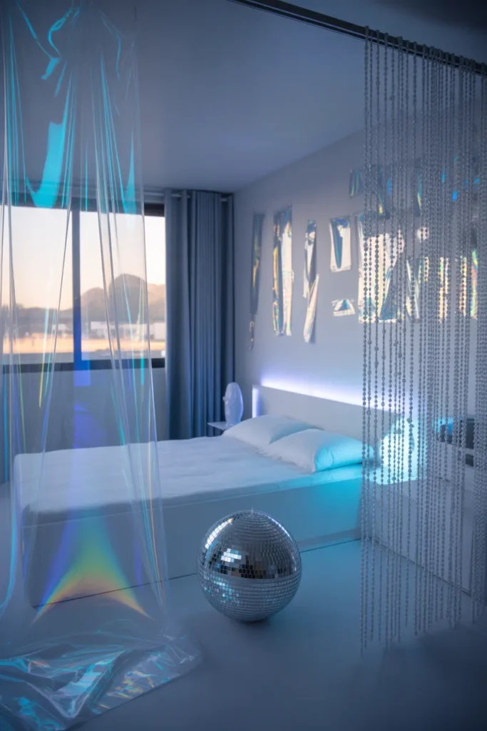Cyber Y2K bedroom with chrome accents, holographic curtains, beaded curtain, and blue LED lighting.