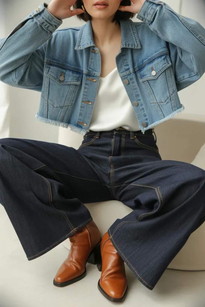 Denim on denim Y2K outfit with low-rise wide-leg jeans — double denim trend for Pinterest