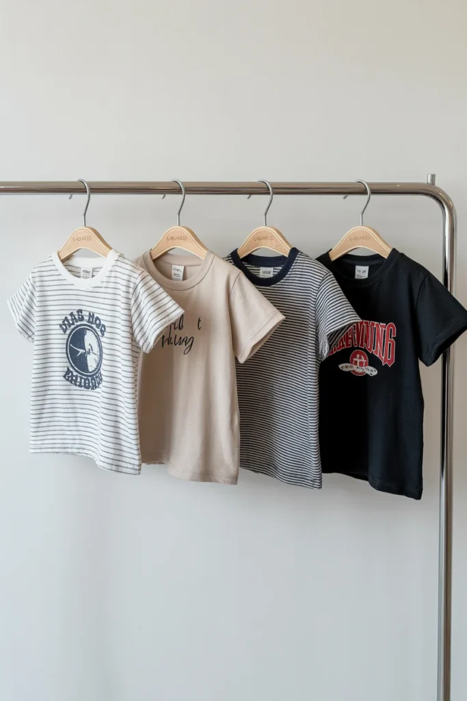 Different types of baby tees for Y2K outfits including graphic, solid, ribbed, and band logo styles