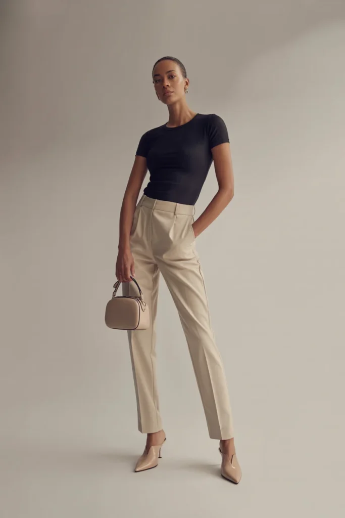  Elevated baby tee outfit styled with tailored trousers and pointed mules for a chic polished look