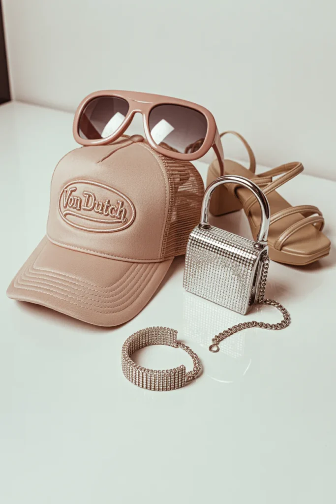  Essential Paris Hilton 2000s accessories Von Dutch hat oversized sunglasses rhinestone choker and platform sandals