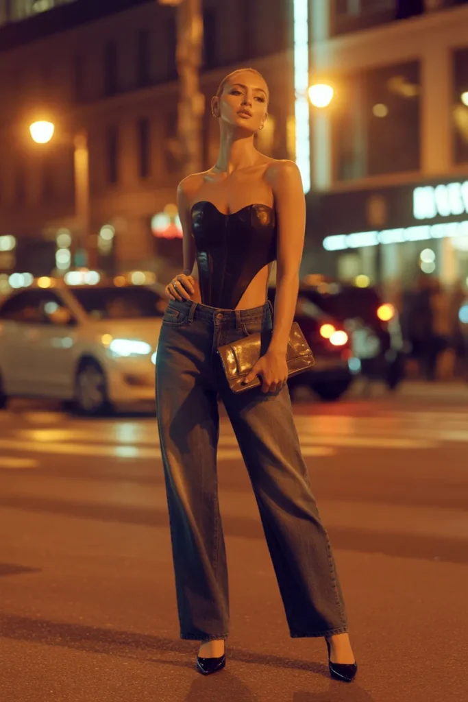  Evening baggy jeans outfit idea with black corset top pointed toe heels and clutch for night out styling