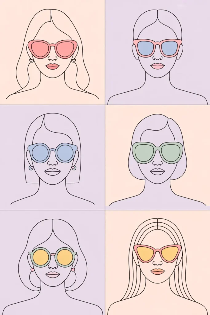 Face shape guide for tinted sunglasses Y2K showing round oval square heart and long face matched to frame styles