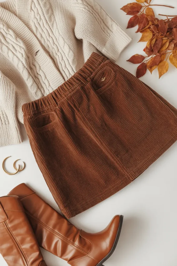  Fall mini skirt outfit with corduroy skirt cardigan and knee high boots 2000s aesthetic
