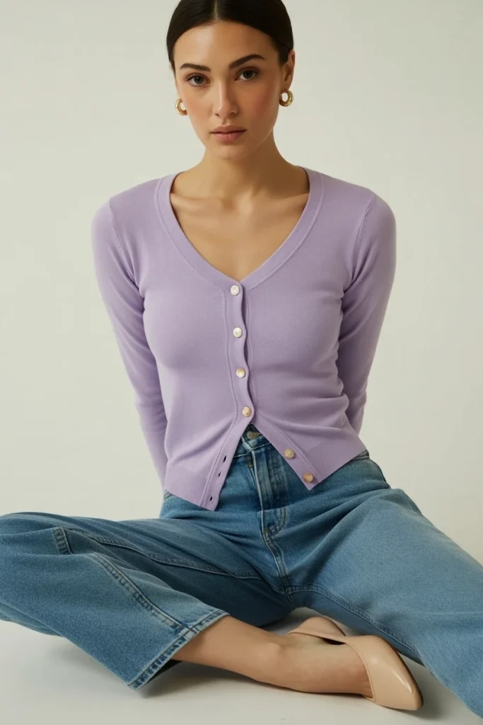 Fitted cardigan as a top with low-rise jeans — soft aesthetic Y2K look for spring