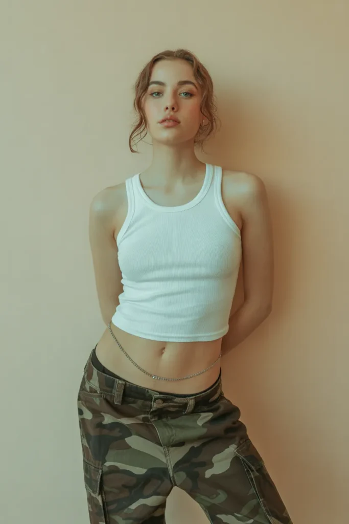  Fitted white tank top styled with low rise camo cargo pants for Y2K outfit