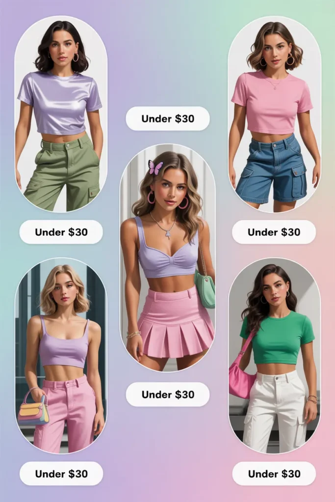 Five complete Y2K fashion outfits on a budget under $30 each with early 2000s styling