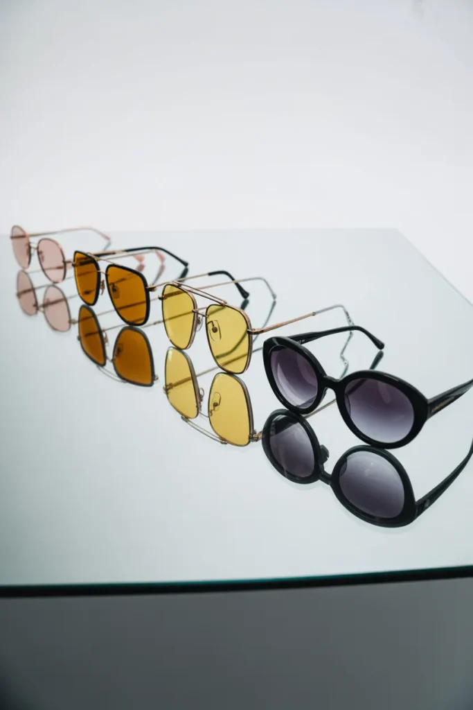 Five piece tinted sunglasses Y2K capsule collection from rose to amber to yellow to chrome to smoke