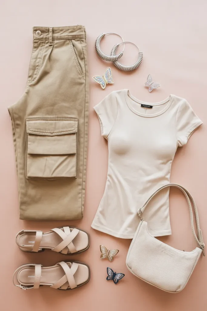 Flat lay of Y2K cargo pants outfit essentials including low rise khaki cargos and baby tee